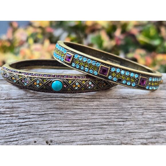 2 Heidi Daus Hinged Bronze Tone Multi Color Swarovski Crystal Bangle Bracelets - Picture 9 of 10